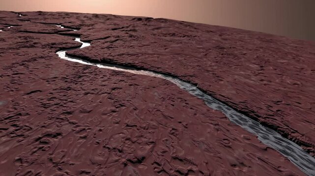 River flowing on mars surface under sunset light creating a beautiful landscape, suitable for space exploration, colonization and terraforming related projects