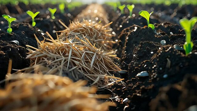 Close-up of young green seedlings growing in dark fertile soil with straw mulch between rows, fresh morning dew and sunlight in background

