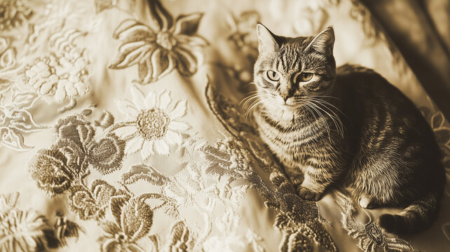 Close up of early 1900s redwork embroidery featuring a cat beside vintage floral patterns in sepia tones