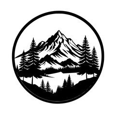 Obraz premium vector illustration of a mountain landscape round badge 
