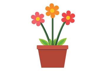Obraz premium Three colorful flowers bloom in a brown pot with a transparent background present