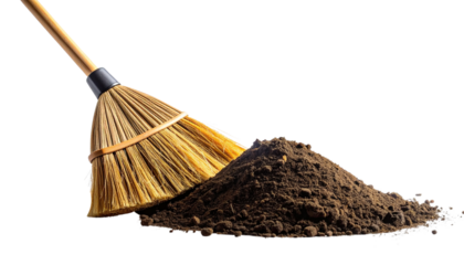 Broom sweeping pile of dirt isolated on solid white background Png