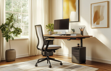 Modern home office setup with computer and plant decor