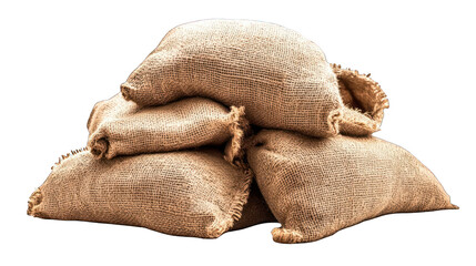 Pile of burlap sacks isolated on white background showing texture and roughness