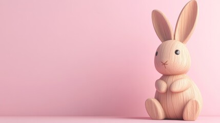 Fototapeta premium Cute wooden Easter bunny figurine on pink background