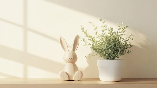 Pastel Easter bunny figurine and plant on shelf