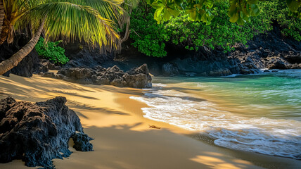 Serene beach with golden sand and lush green palm trees
