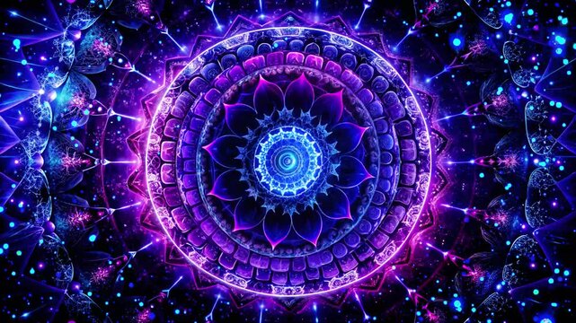 fractal mandala in deep space colors: vibrant animated fractal mandala radiating with neon blue and purple light, perfect for meditation, trance visuals, or digital art
