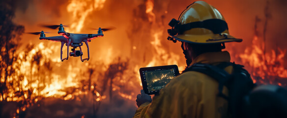 Firefighter operating drone during intense forest fire response