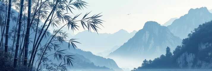 Serene mountain landscape with bamboo forest and misty horizon