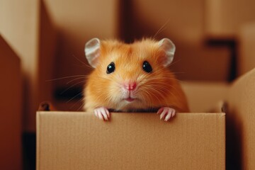Fototapeta premium Adorable Hamster Peeks Out from Stacked Boxes