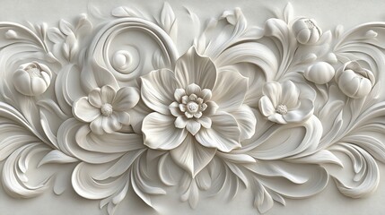 Intricate white floral relief carving, elegant design