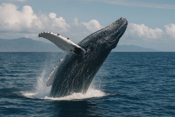 Naklejka premium Majestic whale breaching ocean.