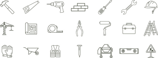 Line art illustration showcasing a variety of construction tools and equipment on a white background