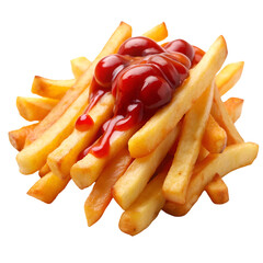 French fries with drizzling ketchup isolated on transparent background
