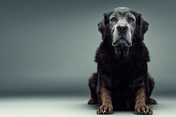 Old Black Labrador Dog Sitting Calmly in Studio
