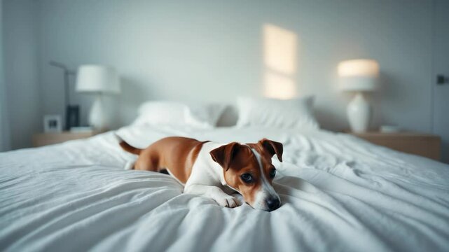 Cute tiny Jack Russell dog relaxing on a bed at home. Indoor pets and tranquility.