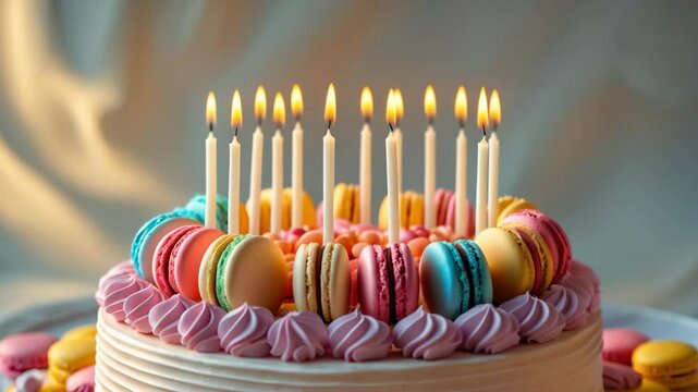 Birthday celebration featuring cake, candles, and macarons in a food-themed animated banner