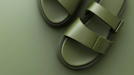 Olive green leather sandals with two adjustable straps, high-top sole