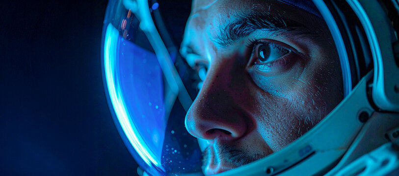 Cara de un hombre astronauta con un casco de traje espacial mirando a traves de la pantalla hacia el universo exterior azul en el D&iacute;a Internacional de los Vuelos Espaciales Tripulados