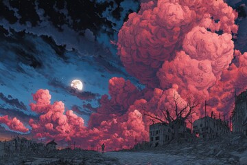 An apocalyptic sky with dark clouds, pink and red clouds covering the night sky, dilapidated buildings on both sides, smoke coming out from under them.