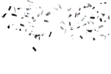 Luxurious party atmosphere with shiny silver confetti falling elegantly on a white background