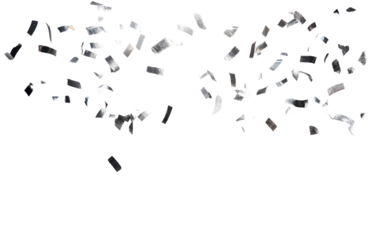 Luxurious party atmosphere with shiny silver confetti falling elegantly on a white background