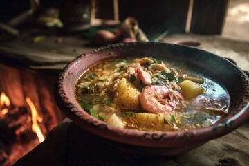 A traditional soup with shrimp, meat and potatoes in an earthenware bowl on the table of rustic kitchen, lit by firelight.