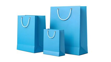 Three light blue shopping bags of different sizes standing side by side on a transparent background
