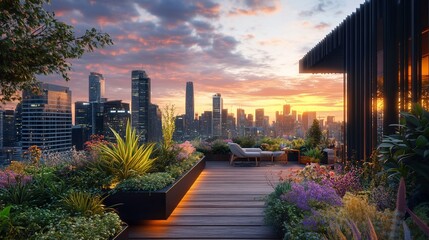 Fototapeta premium Urban rooftop oasis: city skyline meets lush garden paradise at twilight