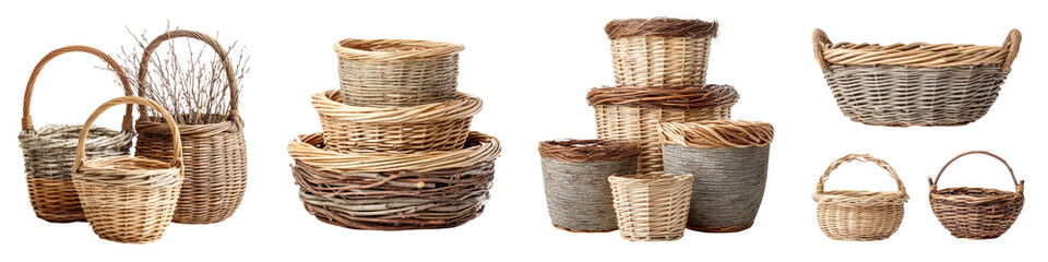 Assortment of handmade wicker baskets for storage and decor
