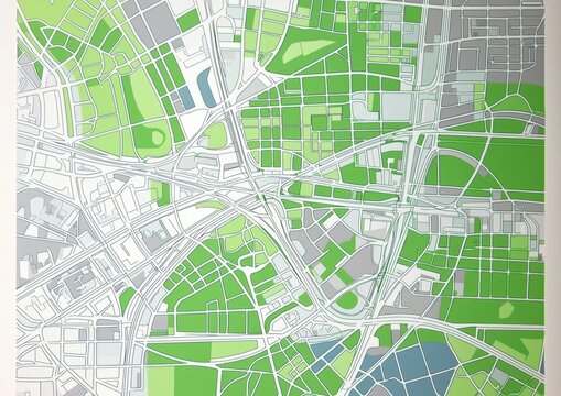 A unique abstract representation of a cityscape emphasizing blue and green tones.