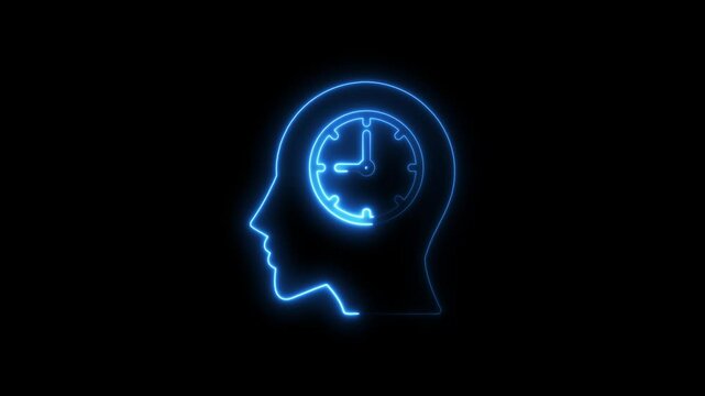Digital neon time brain concept illustrating thoughts and time management