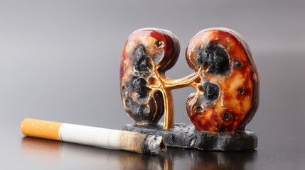 Cause kidney damage. Damaged kidneys next to a cigarette, highlighting the effects of smoking on health.