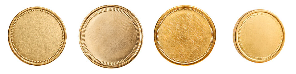Close-up of shiny gold coins with ornate edges