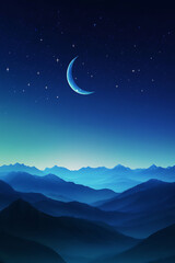 Fototapeta premium Serene night sky with crescent moon illuminating tranquil mountain landscape at dusk