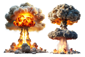set of nuclear explosions and mushroom cloud isolated on white background PNG