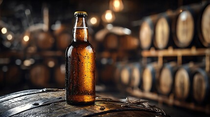 A barrel-aged craft beer bottle perched on a sturdy wooden barrel showcasing rustic brewery elements