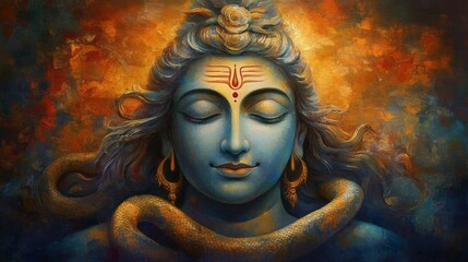 Serene Painting of Lord Shiva with a Cobra