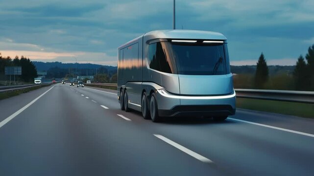Futuristic electric truck or bus concept on a highway modern transport