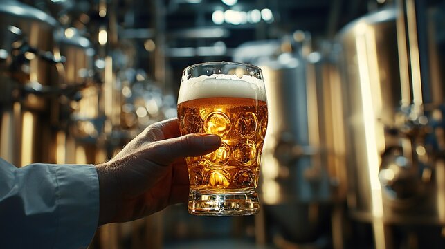 Brewery worker inspecting beer sample in glass under bright light with stained table surface - Powered by Adobe