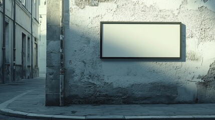 Blank signboard mounted on textured white wall above weathered grey base