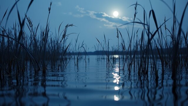 Serene moonlit lake with reeds and reflections under night sky