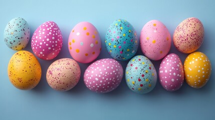 Row of colorful easter eggs with polka dots on a light blue background.
