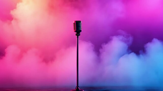 Colorful smoke surrounds a vintage microphone on a stand, creating a vibrant and atmospheric setting for a musical performance, concert, or stand up comedy show