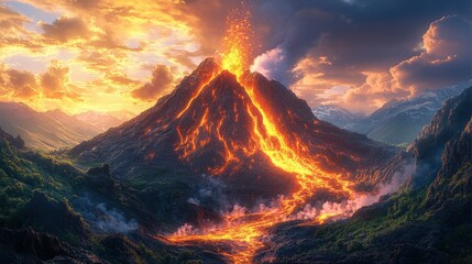 Dramatic volcanic eruption cascading into a lush valley at golden sunset