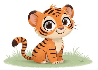 Illustration drawing art of a tiger standing in a grassy field with a castle silhouette in the background.	