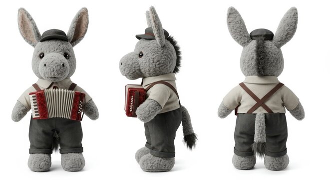 Plush donkey dressed as street musician playing accordion during lively outdoor event