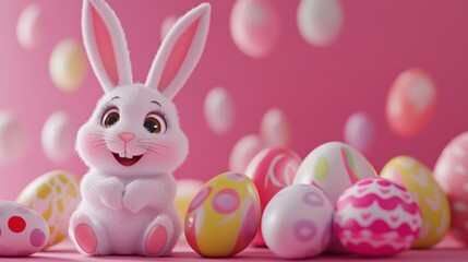 Obraz premium Cute cartoon bunny surrounded by colorful Easter eggs