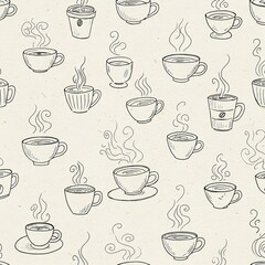Seamless Hand-Drawn Pattern of Coffee Cup Sketches with Steam. Minimalist Line Art Illustration on Textured Paper Background for Cafe Theme.